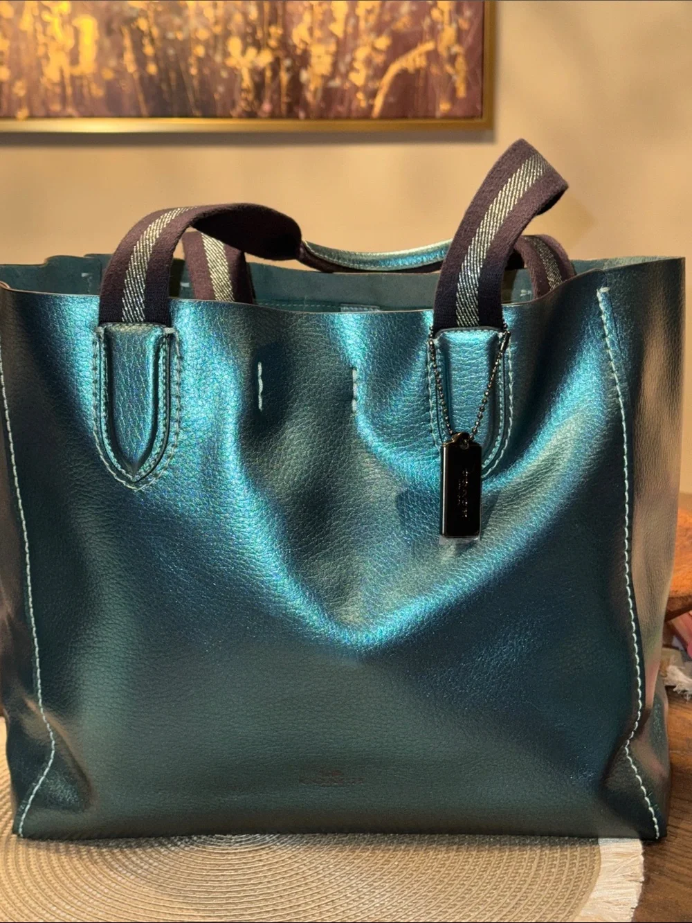Coach Metallic Teal Women's Tote Bag and GunmetalTag, Suede Interior - NWOT